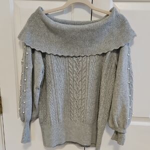 Crown & ivy Gray Off-Shoulder Sweater with Pearl Details